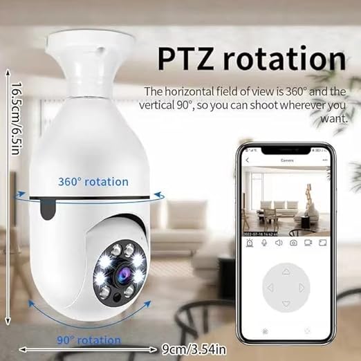 PTZ Light Bulb Camera with Motion Detection – Indoor 360° WiFi Security Camera with Pan Tilt Zoom, HD Video, Night Vision, LED Light, Wireless Surveillance for Home, Office, Garage – B22 Holder