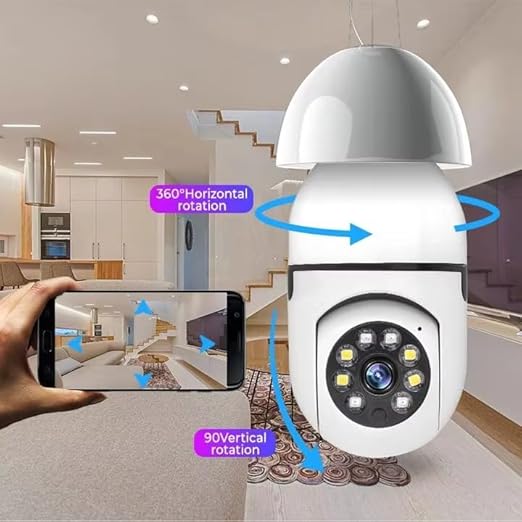PTZ Light Bulb Camera with Motion Detection – Indoor 360° WiFi Security Camera with Pan Tilt Zoom, HD Video, Night Vision, LED Light, Wireless Surveillance for Home, Office, Garage – B22 Holder
