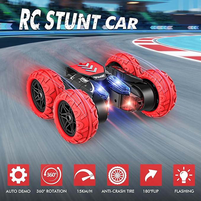 Remote Control Car, RC Cars Stunt Car Toy, 4WD 2.4Ghz Double Sided 360° Rotating RC Car with LED Lights, All Terrain Rechargeable Electric RC Car Toys for 3 4 5 6 7 8-12 Year Old Boys Girls Kids Gifts