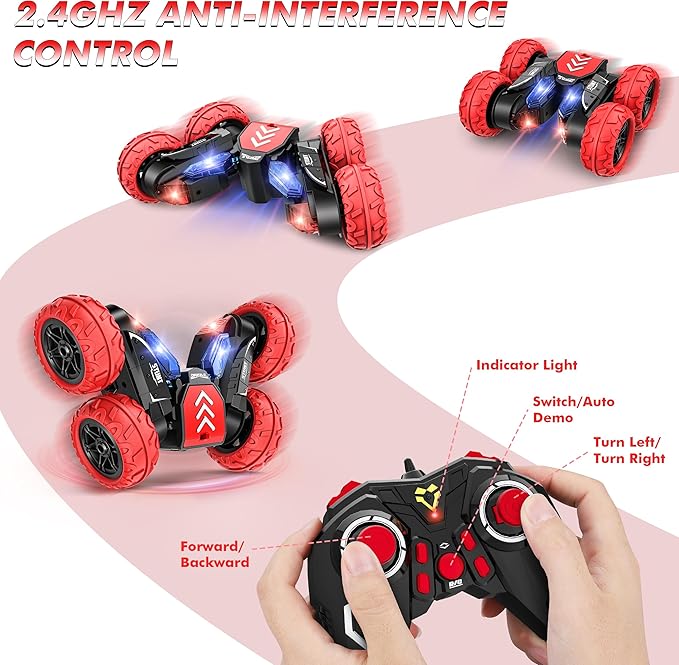 Remote Control Car, RC Cars Stunt Car Toy, 4WD 2.4Ghz Double Sided 360° Rotating RC Car with LED Lights, All Terrain Rechargeable Electric RC Car Toys for 3 4 5 6 7 8-12 Year Old Boys Girls Kids Gifts