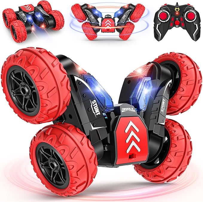Remote Control Car, RC Cars Stunt Car Toy, 4WD 2.4Ghz Double Sided 360° Rotating RC Car with LED Lights, All Terrain Rechargeable Electric RC Car Toys for 3 4 5 6 7 8-12 Year Old Boys Girls Kids Gifts