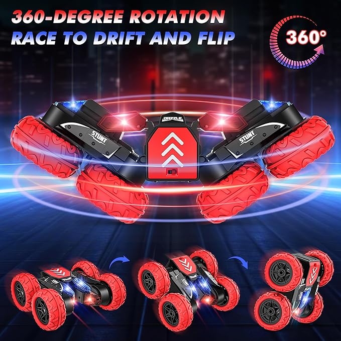 Remote Control Car, RC Cars Stunt Car Toy, 4WD 2.4Ghz Double Sided 360° Rotating RC Car with LED Lights, All Terrain Rechargeable Electric RC Car Toys for 3 4 5 6 7 8-12 Year Old Boys Girls Kids Gifts
