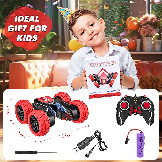 Remote Control Car, RC Cars Stunt Car Toy, 4WD 2.4Ghz Double Sided 360° Rotating RC Car with LED Lights, All Terrain Rechargeable Electric RC Car Toys for 3 4 5 6 7 8-12 Year Old Boys Girls Kids Gifts