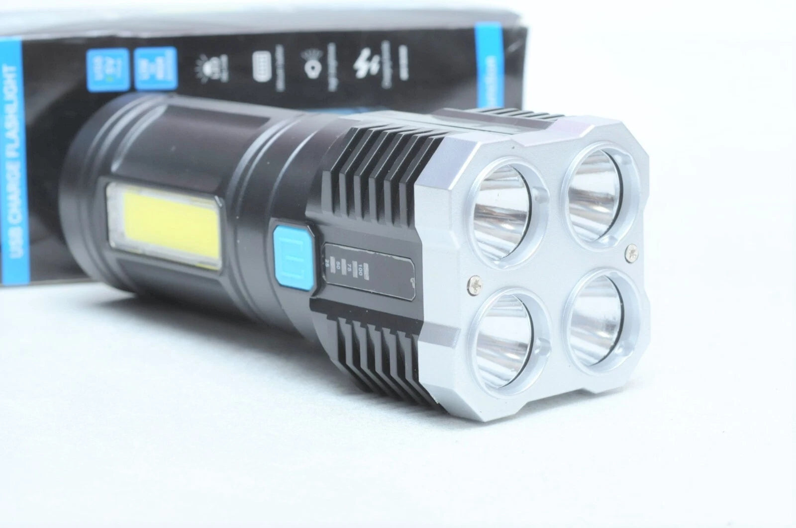Share 4LED Flashlight USB Charging Portable Light, 4 Modes Super Waterproof Torch